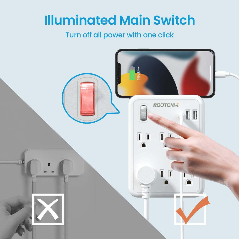 USB Wall Outlet Extender with On Off Switch, surge protector outlet,6 AC Mult...