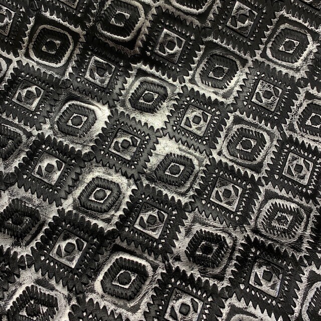 Embossed Leather Aztec Black & Silver, Leather Sheets for Wallets, Bags, Upholte