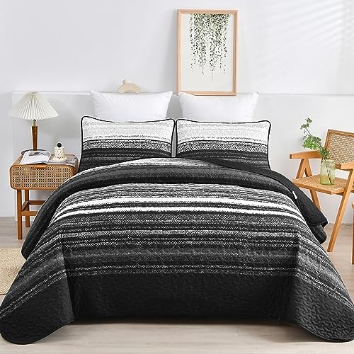 Striped Quilt Set Size, Boho Stripe Patchwork Bedspread Coverlet King Black