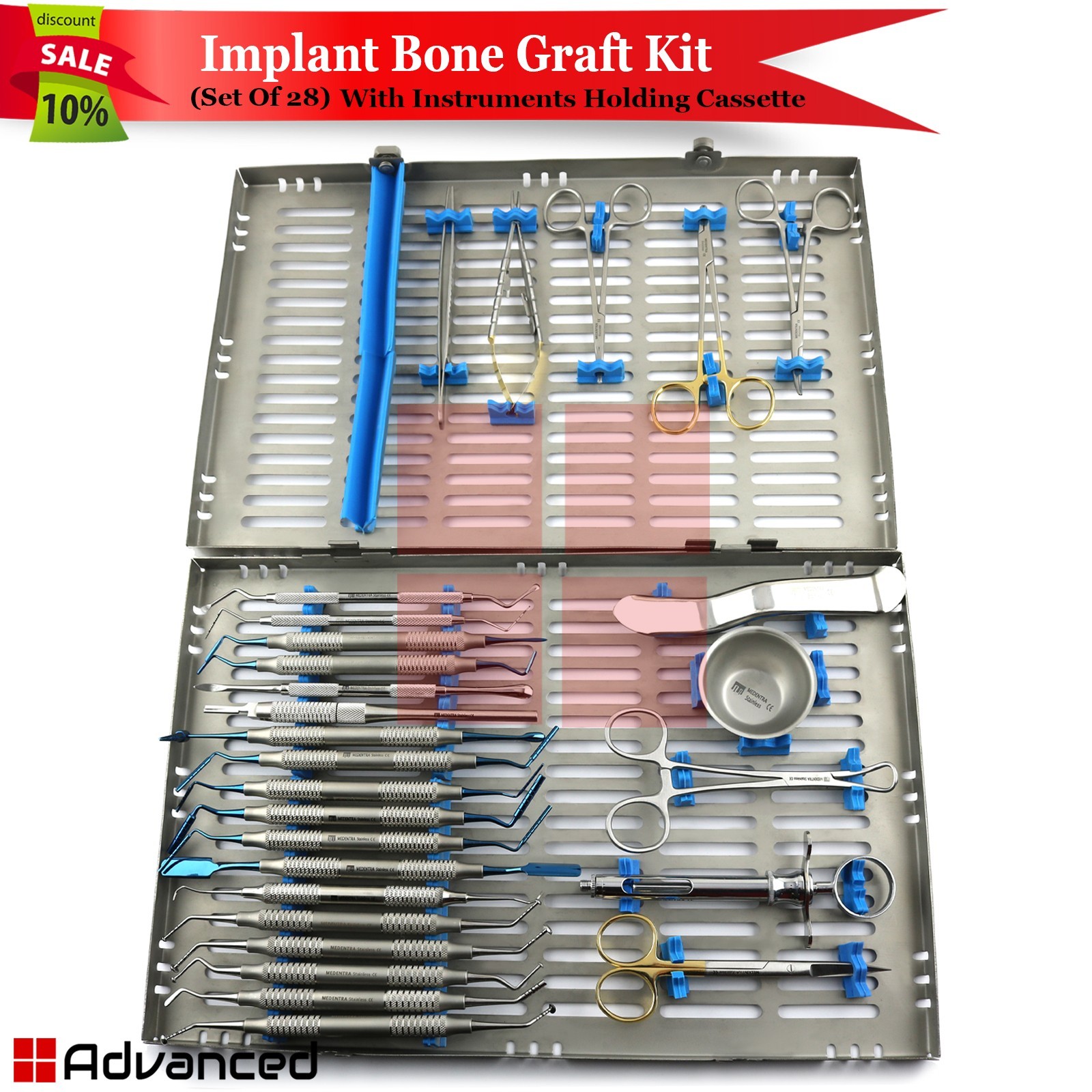 28 Pcs Implant Bone Graft Surgery Kit Dental Surgical Instruments W/ CASSETTE