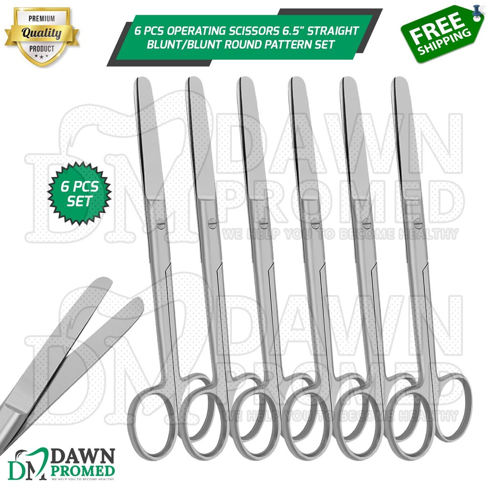 6 Pcs Operating Scissors 6.5" Straight Blunt Blunt Round Pattern Surgical Set