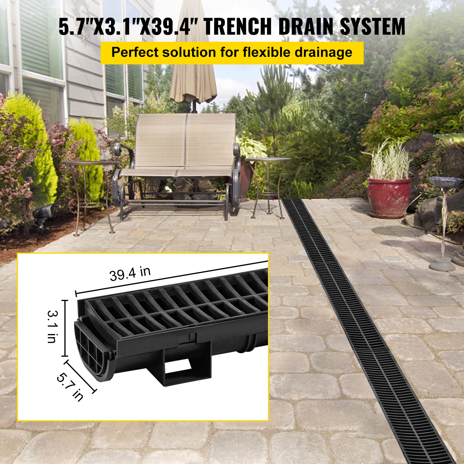 VEVOR Drainage Trench Driveway Channel Drain Kit Plastic Grate-5.8"x3.1"-5 Pack