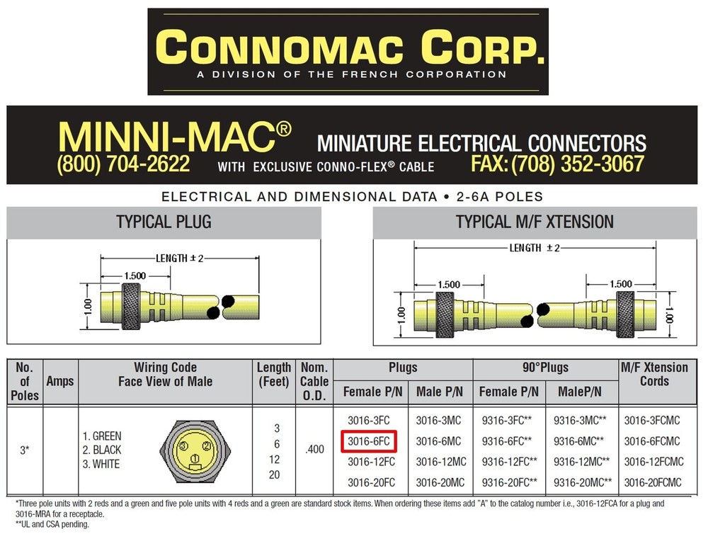 Connomac Corp Cable (3016-6FC) Minni-Mac Connector w/Conno-Flex Cable
