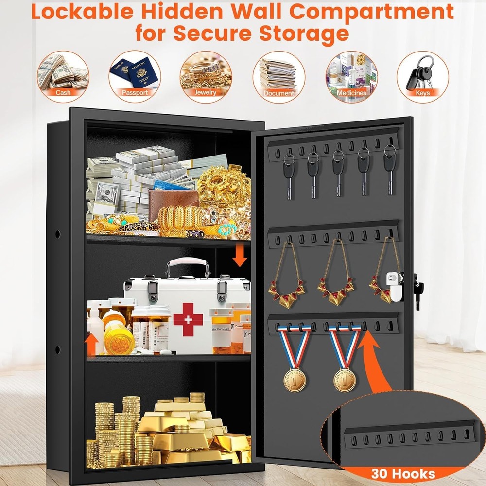 22" In Wall Safe Between Studs Lockable w/ Shelf & Key Hooks Home Security Box