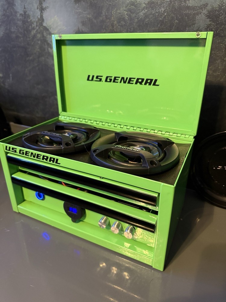 Green mini tool box Bluetooth speaker- voltmeter- charging ports