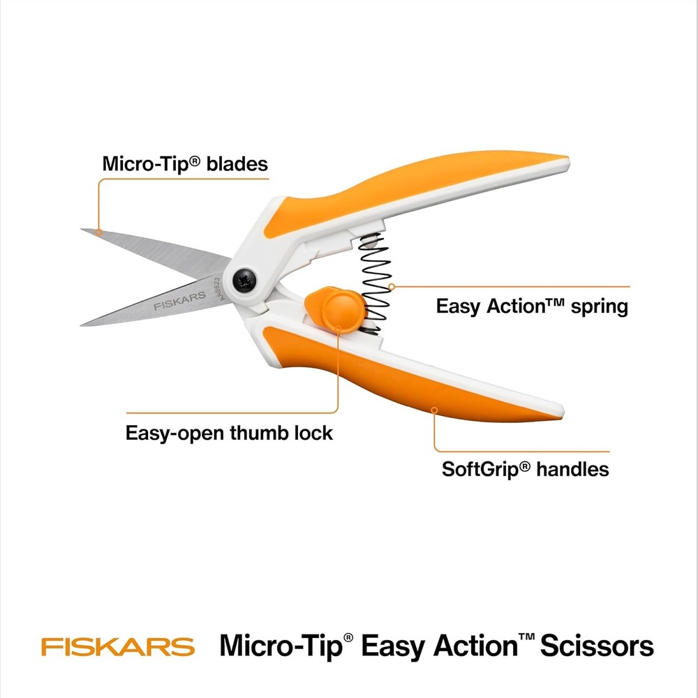 Fiskars Micro-Tip Spring Assisted Scissors, Precision Cutting Stainless Steel Bl