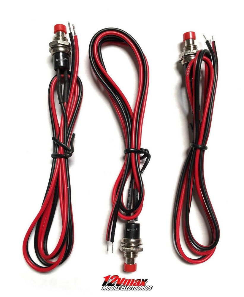 3 Pack Mini Valet Momentary Switch Red SPST Push Button OFF-ON With Wires 12V