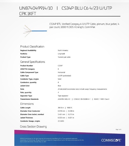 Commscope CS34P 23/4P Cat6 U/UTP WebTrak Plenum CMP Network Cable Blue /100 Ft