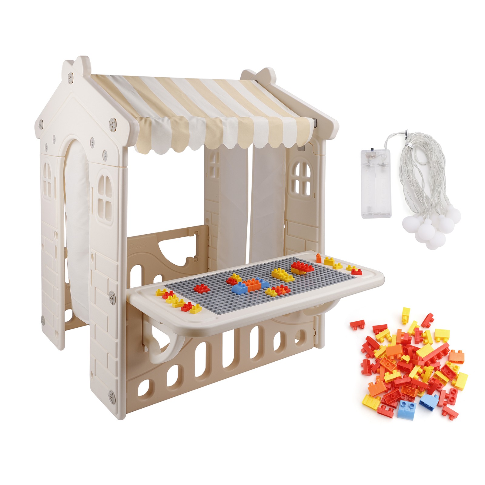 Kid Plastic Outdoor Playhouse With Light Strip And Building Blocks Toddler Toy-