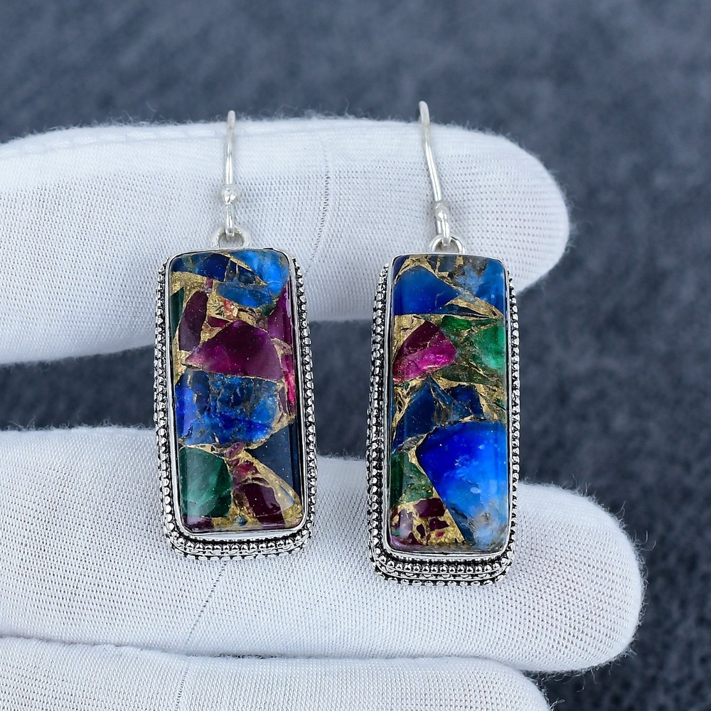 Multi Copper Turquoise Gemstone Handmade Earrings - 925 Solid Sterling Silver