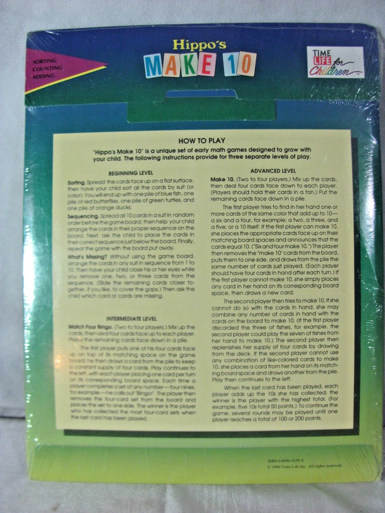 1990 Time-Life Early Learning Program Hippo's Make 10 Math Game for Ages 3 & Up