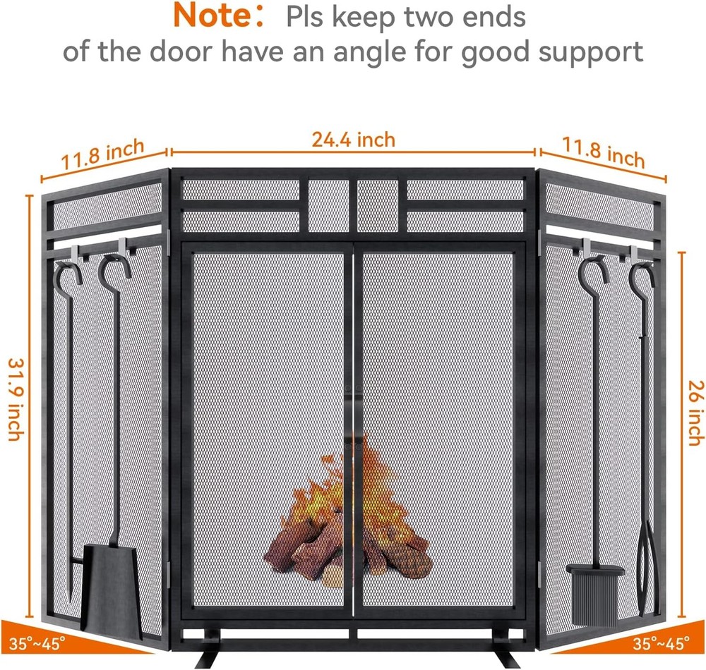 Fireplace Screen with Doors and Tools Set,3 Panel Foldable Metal Fireplace Guard