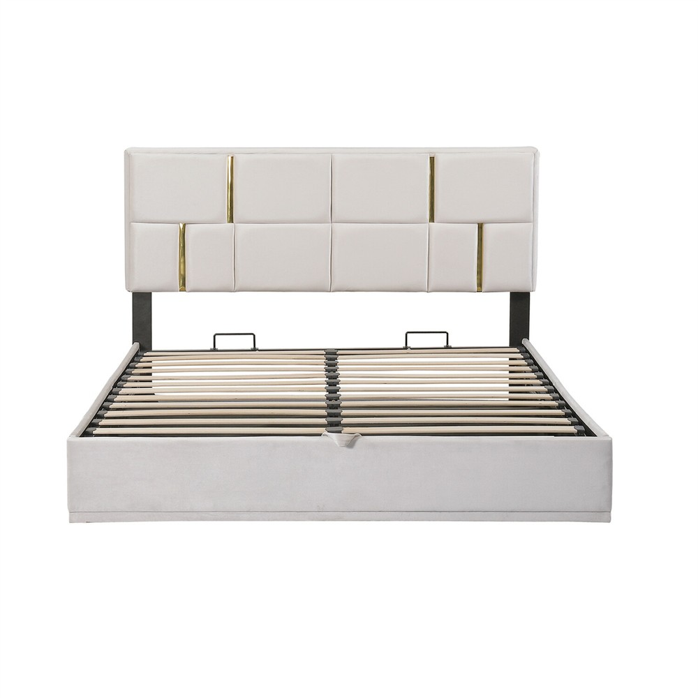 Queen Size Upholstered Platform Bed Frame with Hydraulic Storage System US