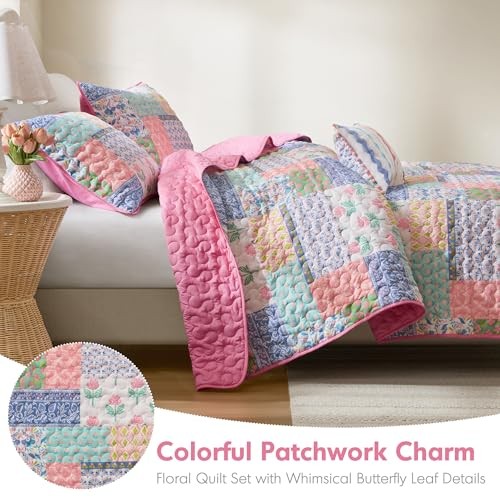 Full Floral Patchwork Quilt Set, Reversible Lightweight Boho Full/Queen Pink