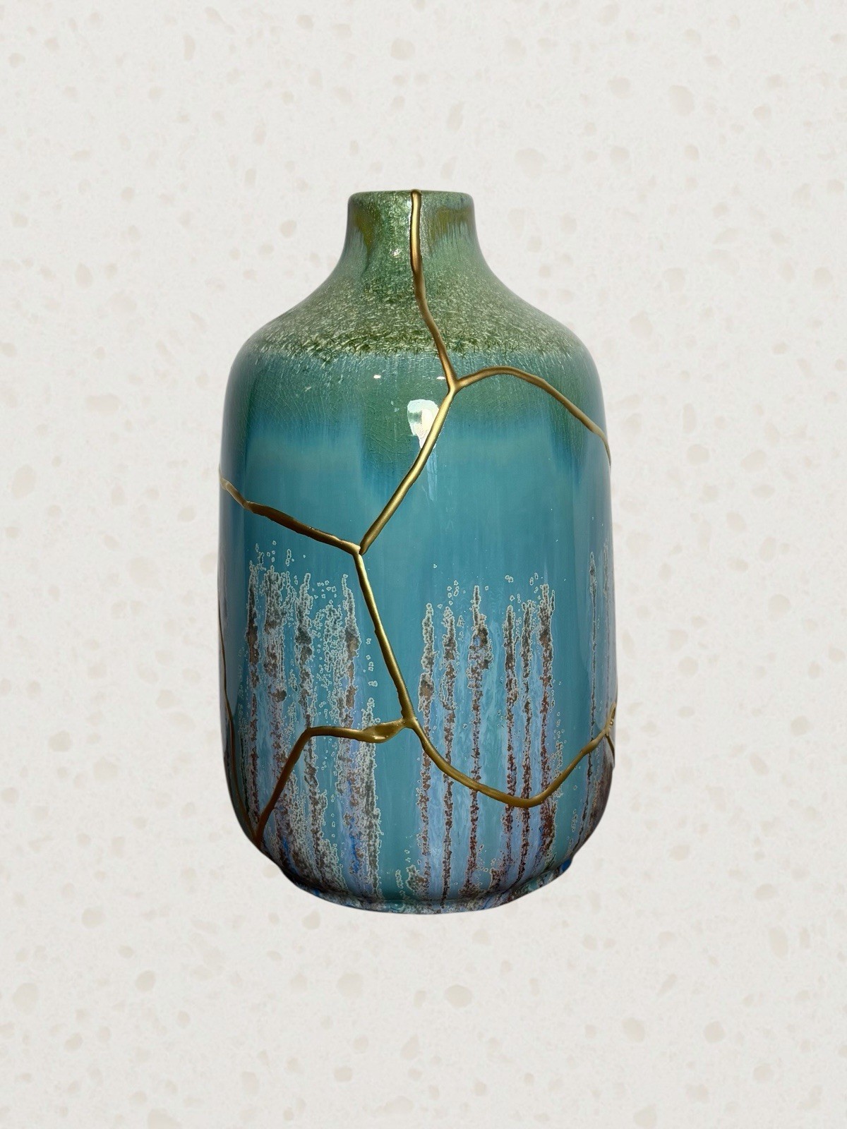 Kintsugi Ceramic Bottle Vase Gold Repair 10” Ocean Glaze Wabi Sabi Decor