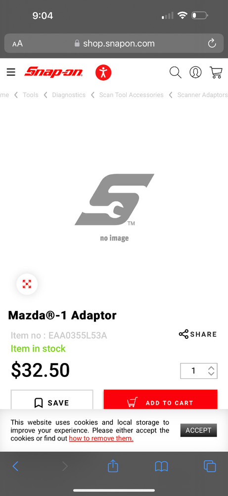 Snap-On Diagnostic MAZDA Adapter MAZDA-1 Snap on EOBD - EAA0355L53A