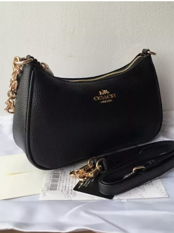 COACH CA209 TERI Shoulder Bag Hand Bag Black Refined Pebble Leather Outlet New