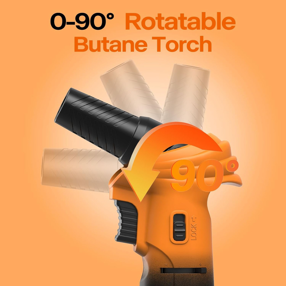 Butane Torch Lighter, 0-90°Rotating Angle Butane Lighter, Refillable Kitchen Tor
