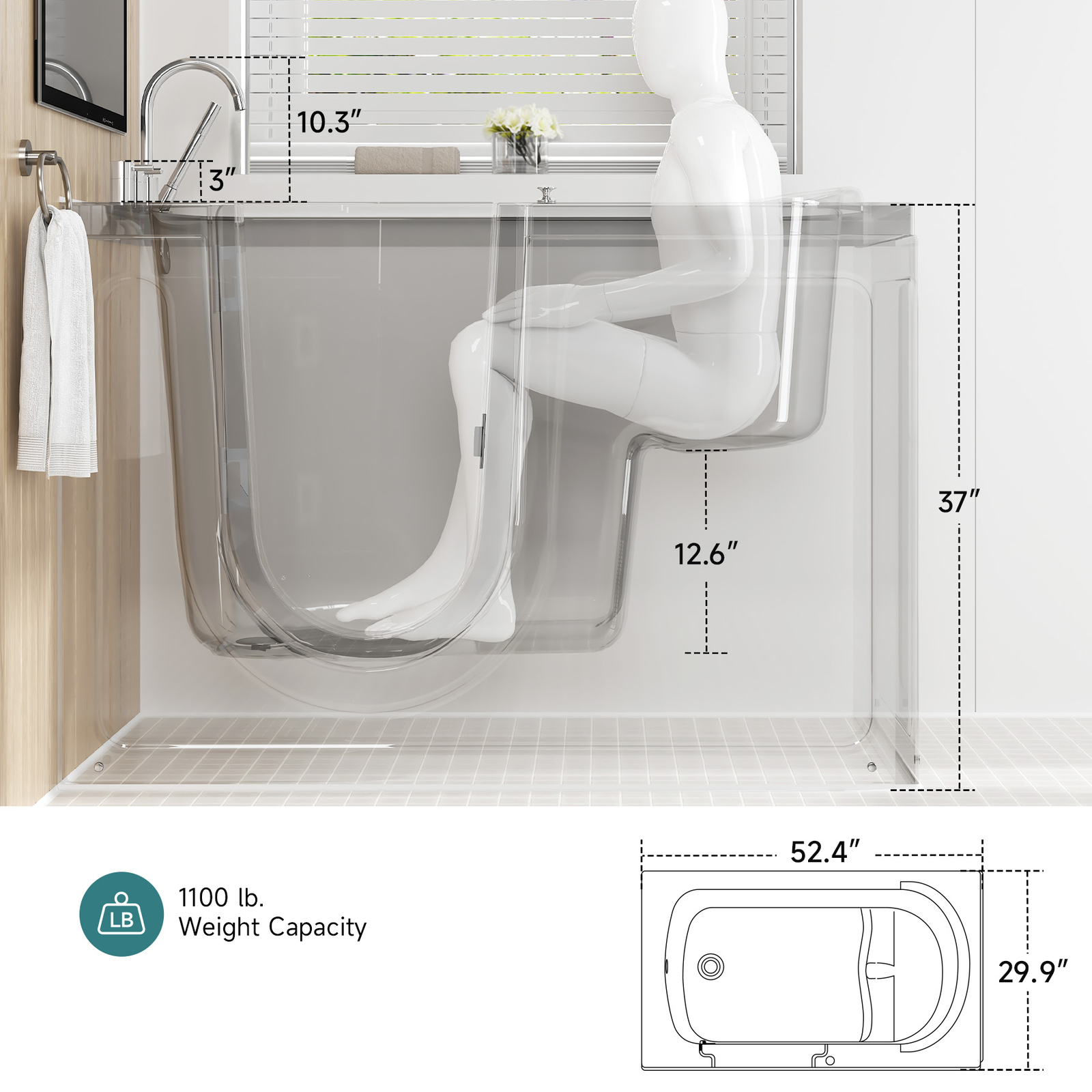 CO-Z Walk-In Tub 52" x 30" Low Entry with Shower Sprayer & Slip Resistant Floor