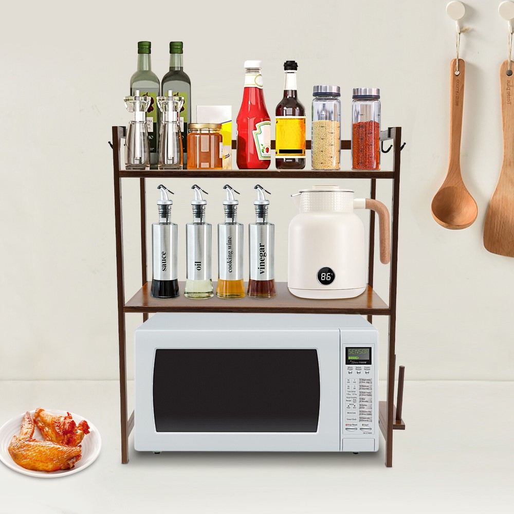 2 Tier 4 Hook Kitchen Storage Rack for Microwave Oven Stand Shelf Organizer US~