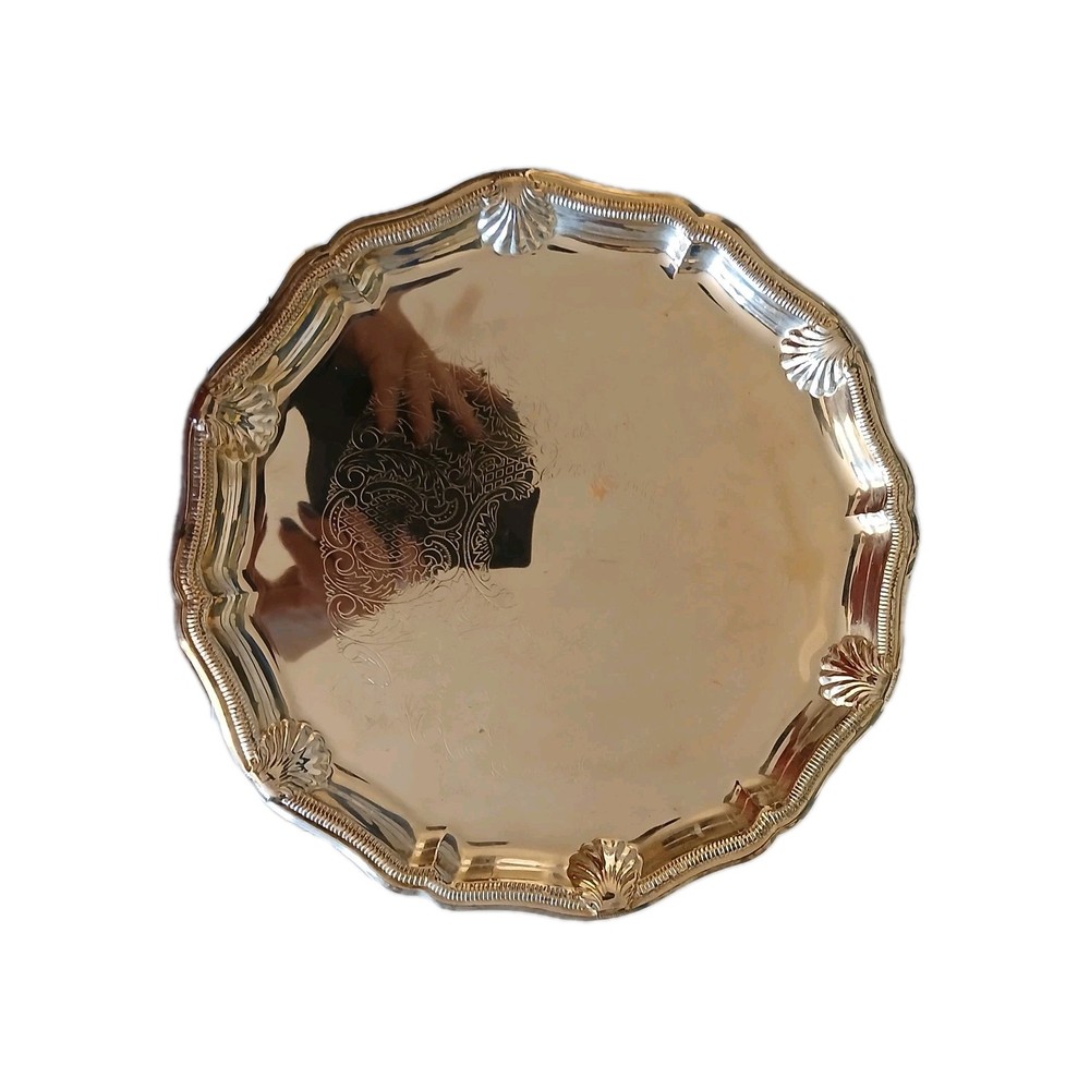Silver Plate Ornate Tray with Shell Motif, Pedestal Base, and Footed Design