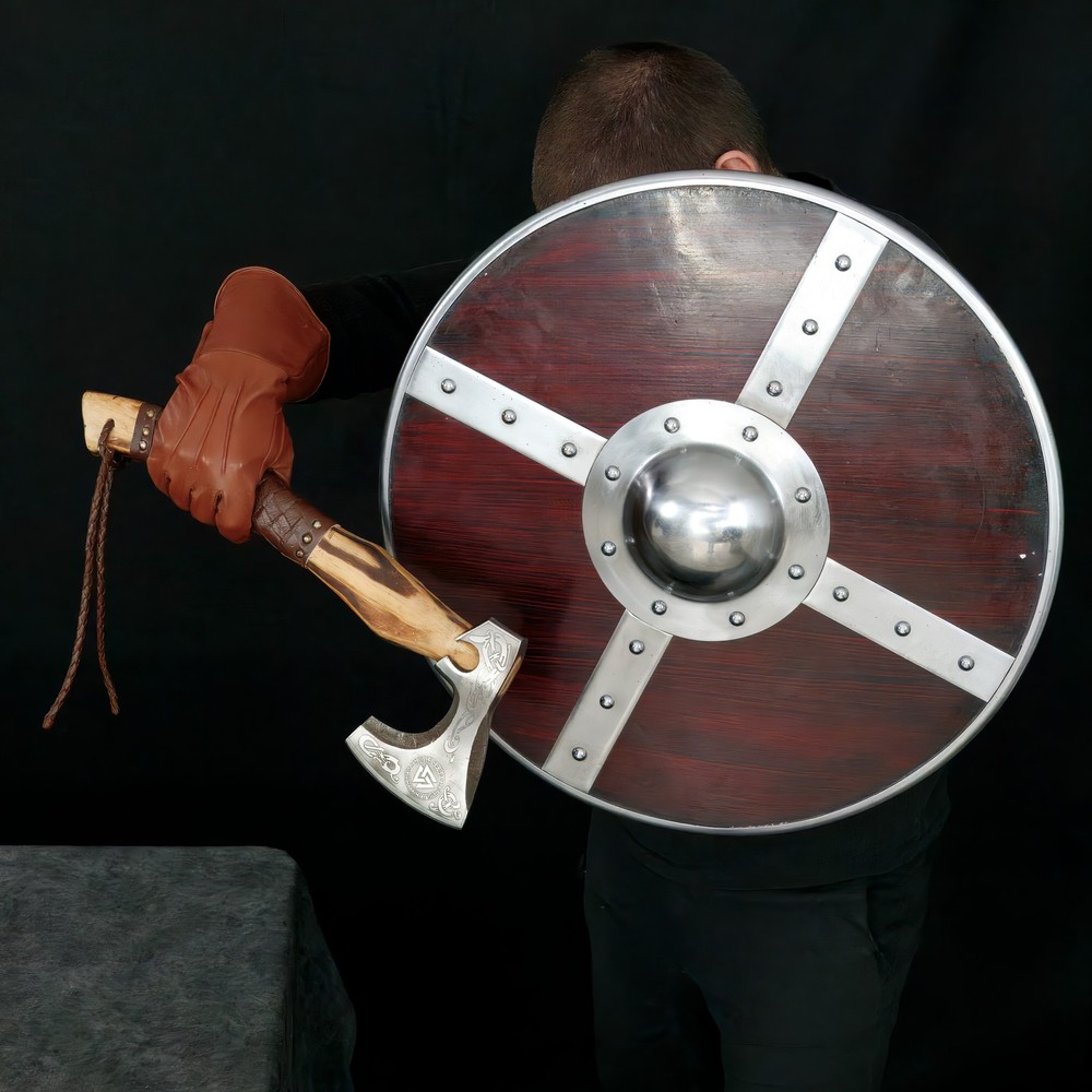 4pc Viking Set: 22" Shield, Engraved Battle Axe, Tracker Knife & Leather Frog