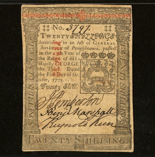 1773 PENNSYLVANIA American Revolution Colonial Currency Bank Note PA-169, PMG 30