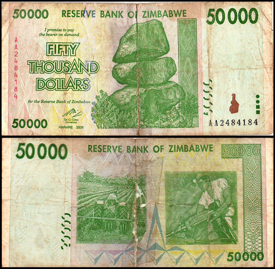 Zimbabwe 50000 Dollars, 2008, P-74, Damaged