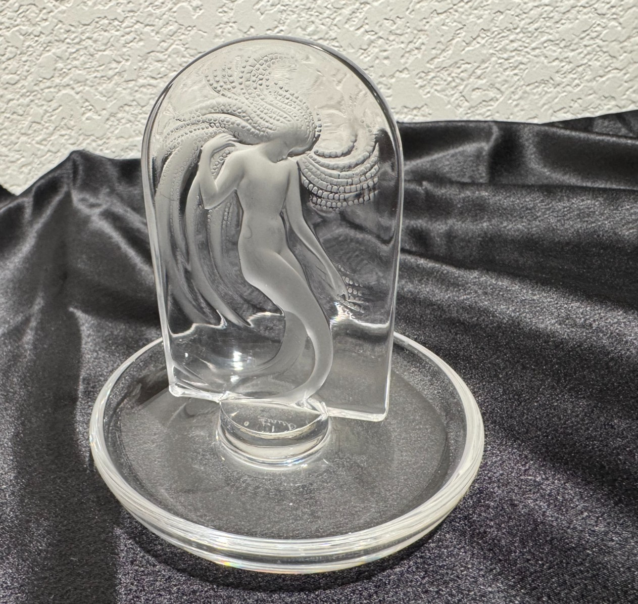 Lalique Naiade Water Nymph Nude Mermaid Pin Ring Tray Dish 4" French Glass Round
