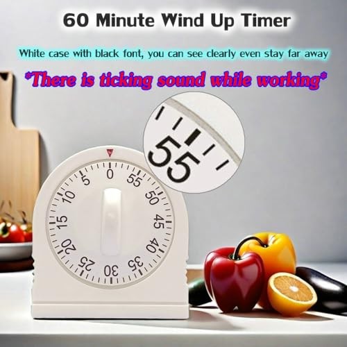 60 Minute Wind Up Timer, Visual Mechanical Timer with Loud Alarm, Manual White