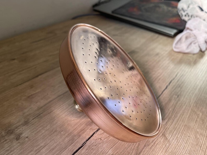 Unlacquered Solid Copper Rain Shower Head, Large Round Handcrafted Design.