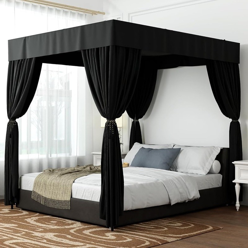 Lightproof Bed Curtains Soft Microfiber Easy Install Cozy Bedroom Decor Black