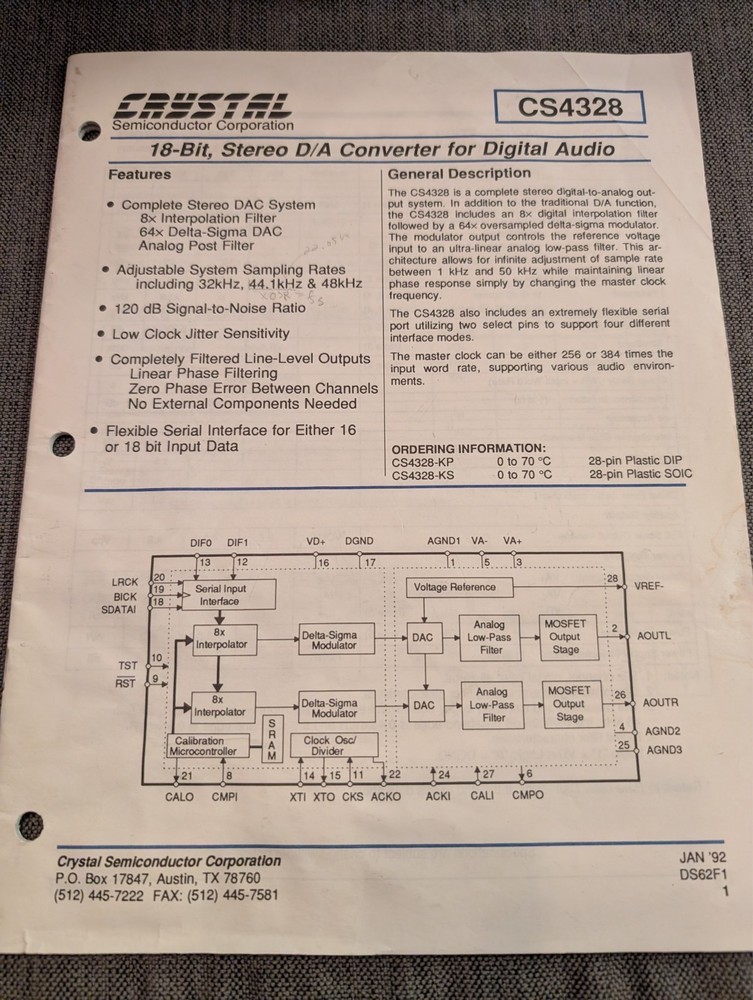 Crystal Semiconductor CS4328 Data Sheet plus Evaluation Board notes