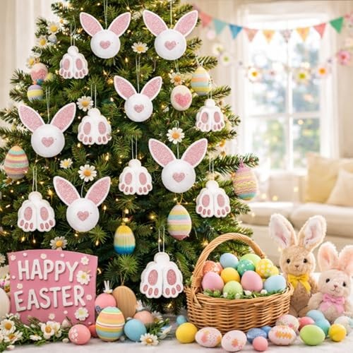 18 Pcs Easter Glitter Bunny Hanging Decorations Bunny Tree Ornaments Plush