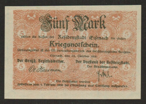 GERMANY BANKNOTE 5 MARK EISENACH 1918 UNC