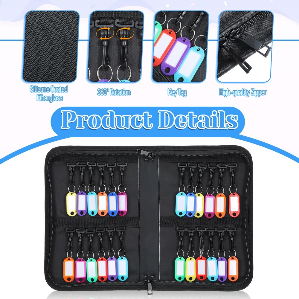 Zippered Key Organizer Fireproof Waterproof Binder 24 Hooks Tags Portable Case