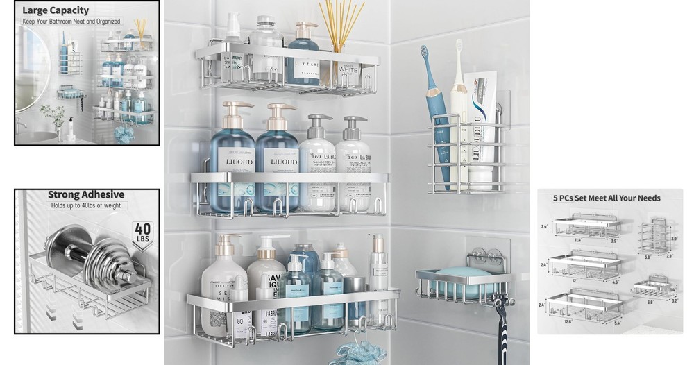 Rustproof 5-Piece Shower Caddy Set – Easy Adhesive Installation & Large Capacity