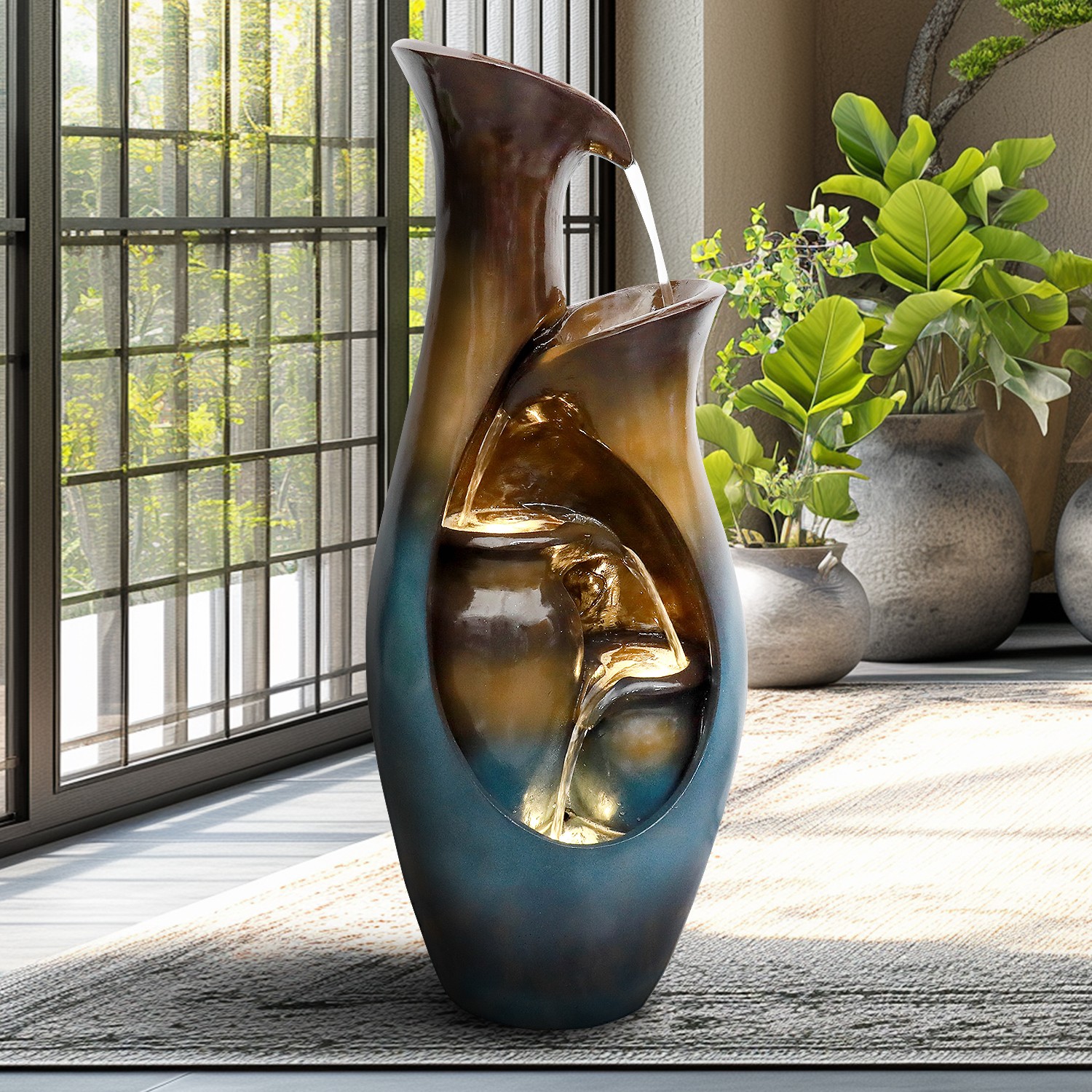 Used Faux Stone Tiered Cascading Water Fountain with LED Lights