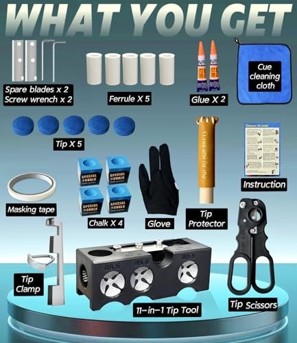 11-in-1 Pool Cue Tip Repair Kit Tool Set - Shape, Replace, Maintain Billiards