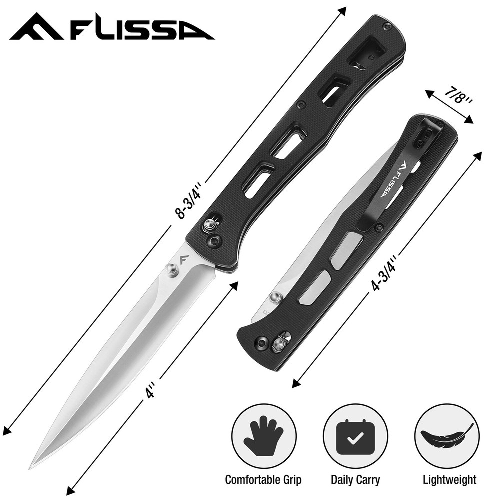 FLISSA 4" Folding Pocket Knife D2 Blade Thumb Stud Axis Lock with G10 Handle