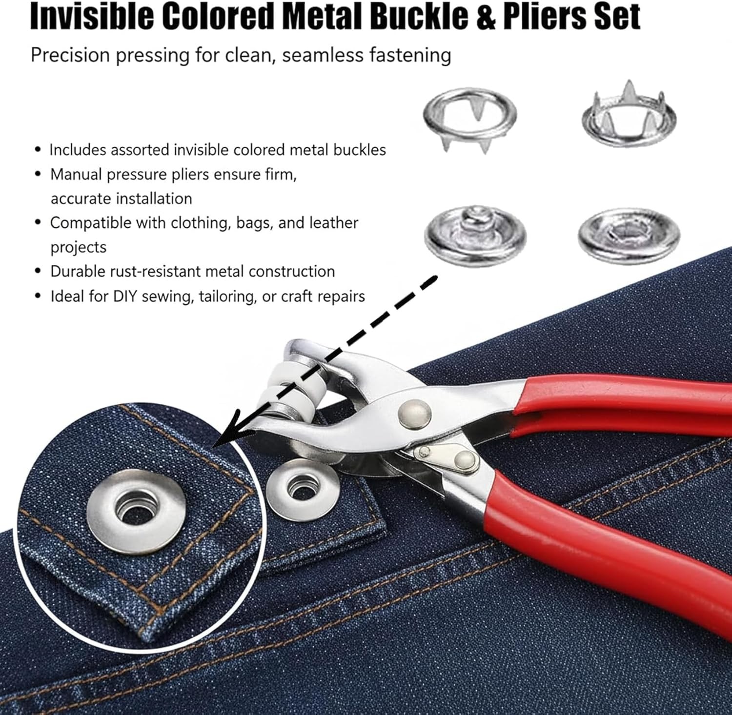 Sewing Kit with 100PCS Invisible Colored Metal Buckle & Manual Pressure Pliers