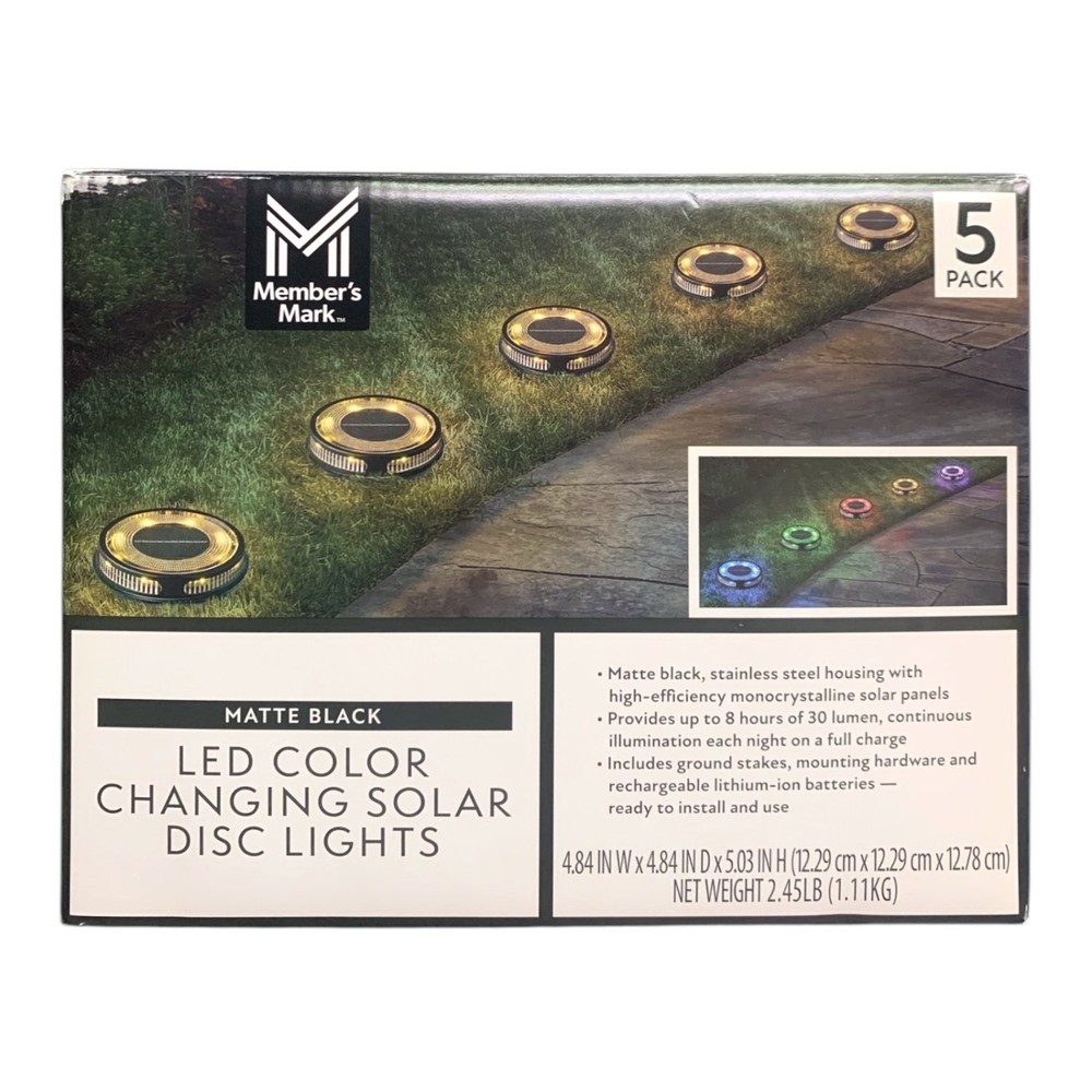 Member's Mark LED Color Changing Solar Disc Lights, 5-Pack, Matte Black
