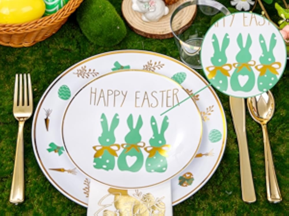 Easter Plastic Plates, Bunny Plastic Disposable Dinnerware Set