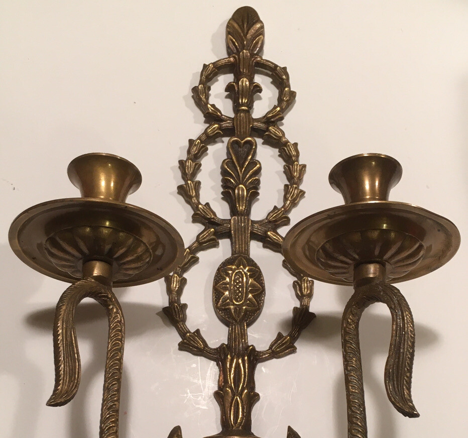 Large Ornate Brass Wall Sconce Two Candleholder