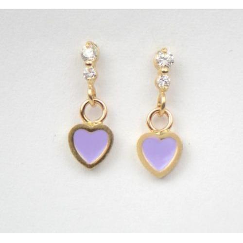 14K Solid Yellow Gold Enamel Heart Shape Dangle Stud Earring
