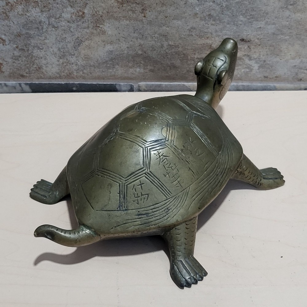Vintage Etched Solid Brass Turtle Longevity Animal Tortoise