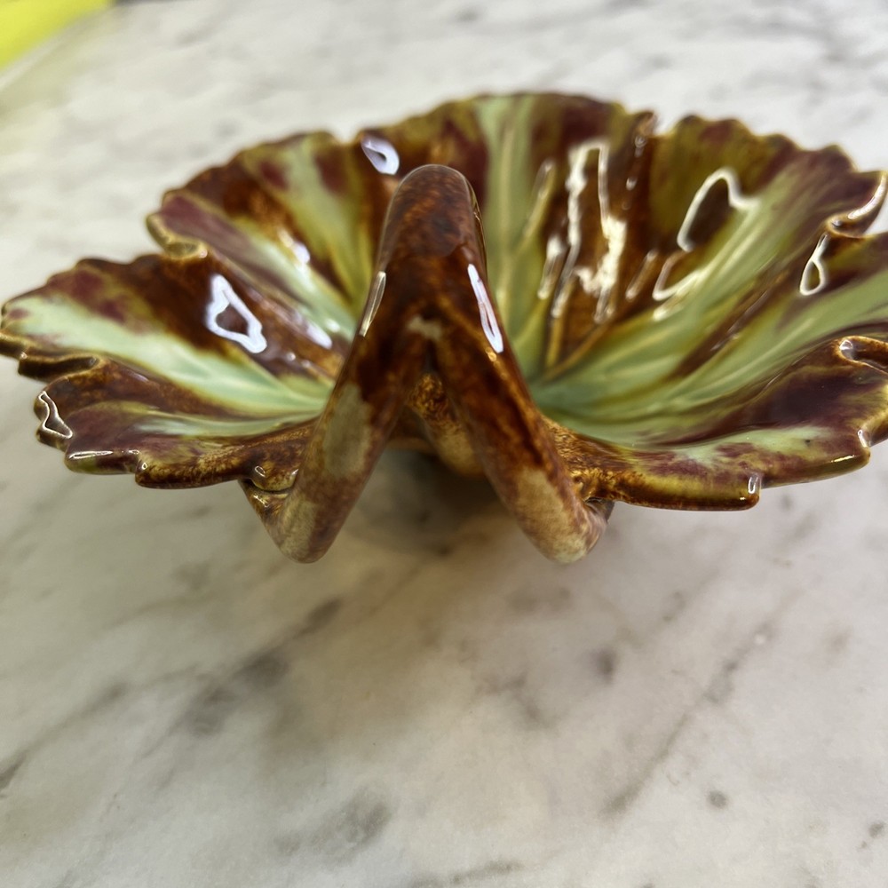Vintage Maple Leaf Dish Green Brown Ceramic Double Loop Handle MCM