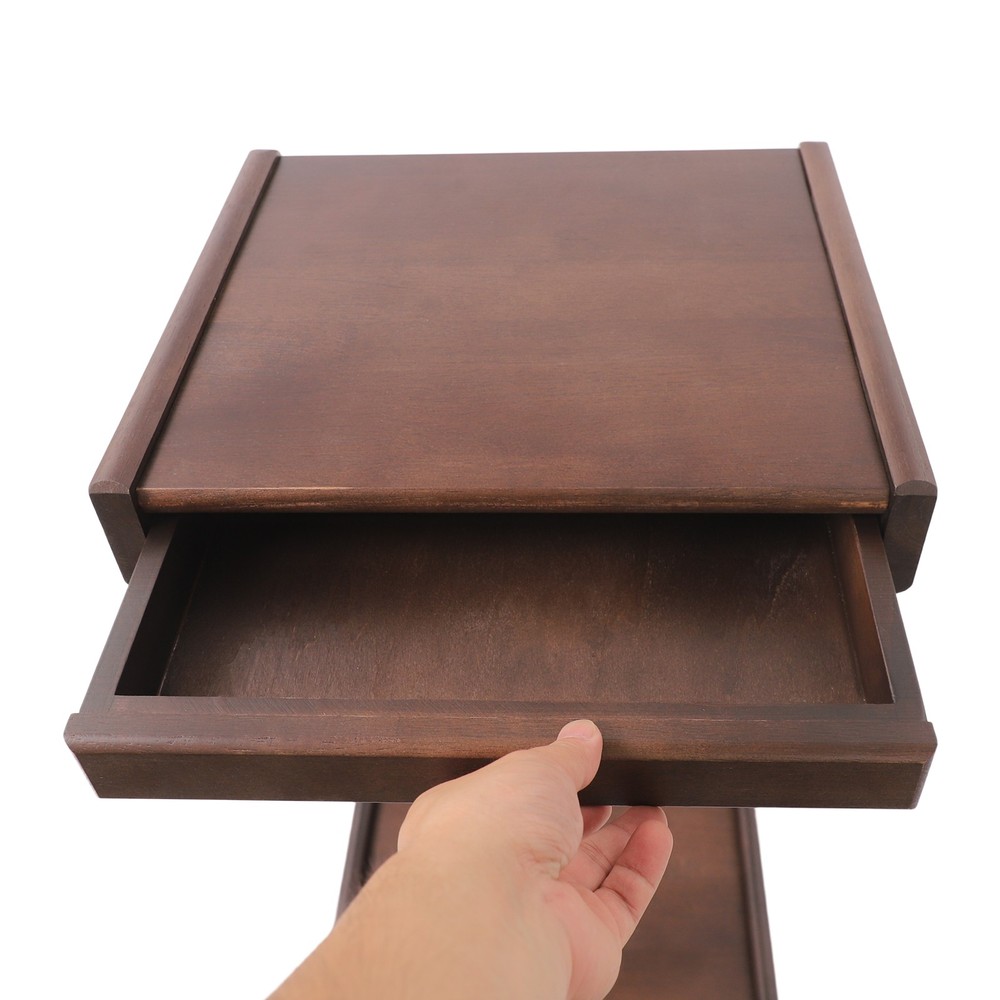 2-Tierd Solid Wood Bedside C-Shaped Side Table w/ Drawer & Lockable Wheels