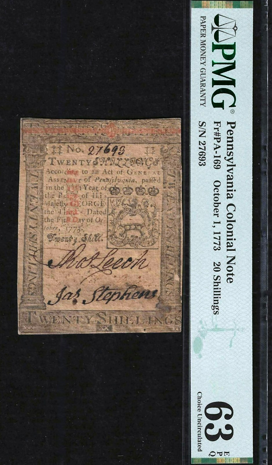 1773 PENNSYLVANIA COLONIAL 20 SHILLINGS (1 POUND) ~ PMG GEM UNCIRCULATED 63 EPQ
