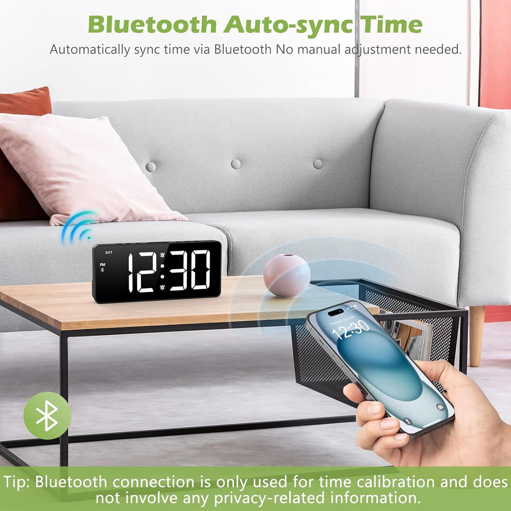 7 Inch Digital Alarm Clock with Bluetooth Sync Time, Auto-Sync Time, Adjustable